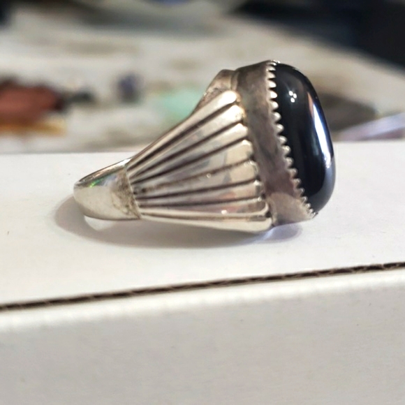 Sold NATIVE AMERICAN ONYX MAN STERLING WEDDING RING ENGAGEMENT STUNNING - Picture 2 of 5